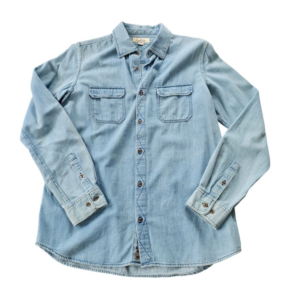 Massimo Dutti Girls Denim color Button Up Long Sleeved Shirt Top sz L 13/14 yrs